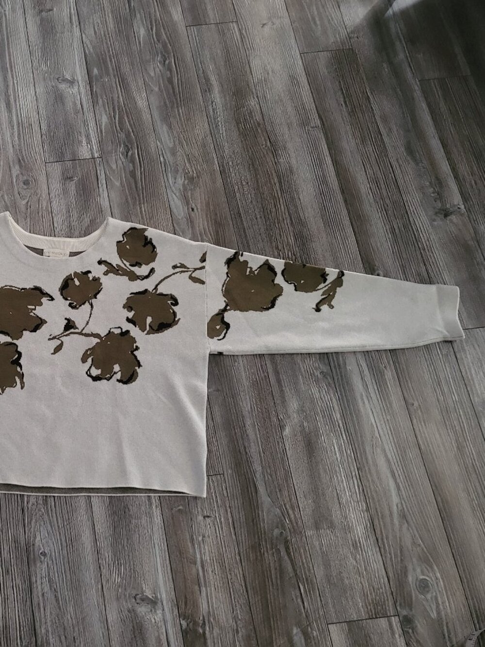 Cynthia Rowley Olive Green Floral Knit Sweater Cream Crop Top Pullover L - Picture 10 of 12